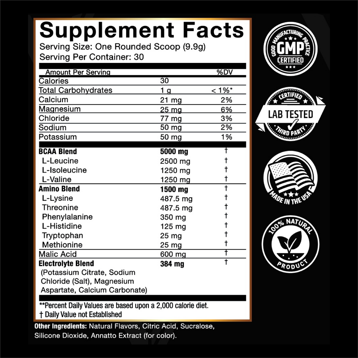Supplement facts and ingredients for Vantage Labs BCAA + EAA amino acid powder.