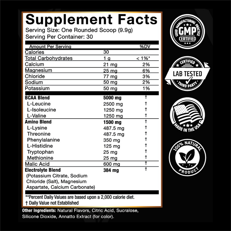 Supplement facts and ingredients for Vantage Labs BCAA + EAA amino acid powder.