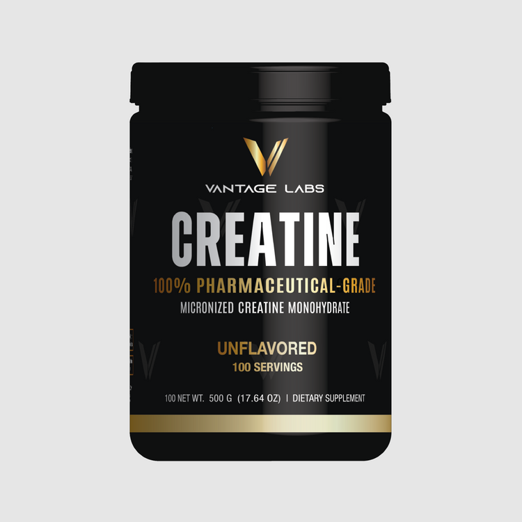 Vantage Labs unflavored micronized creatine monohydrate container, 100 servings.