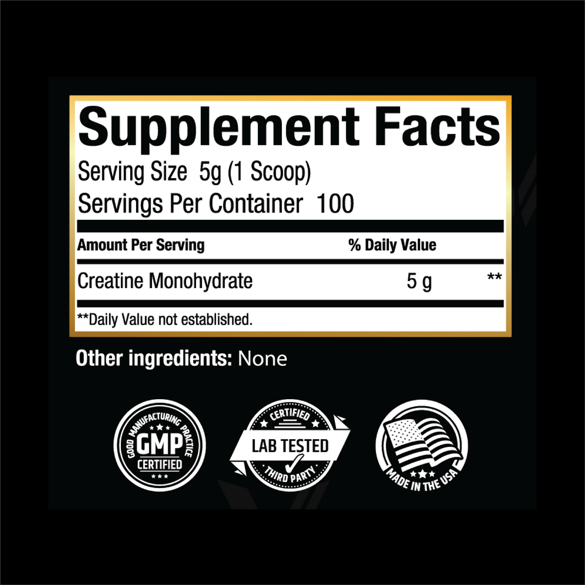 Supplement facts label for Vantage Labs creatine monohydrate.