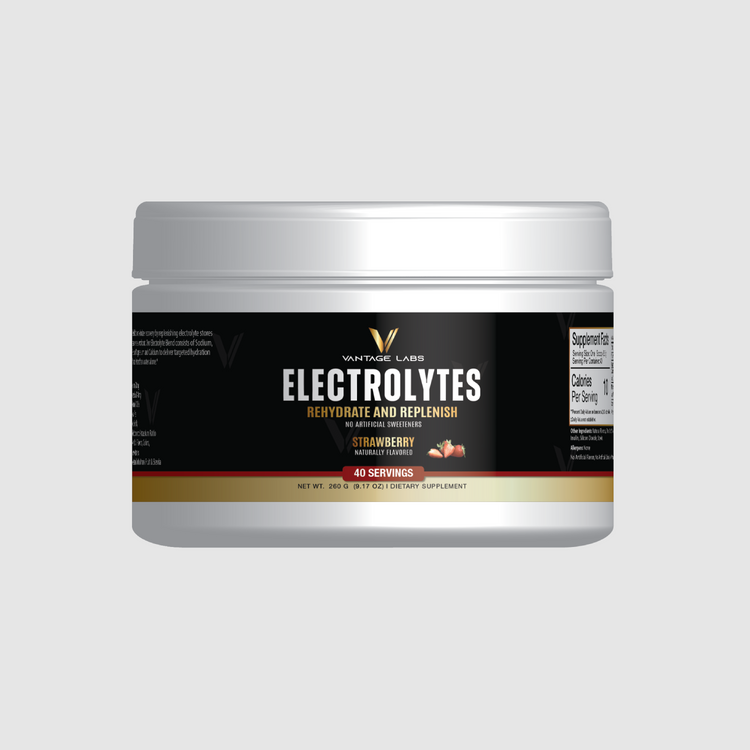 Vantage Labs strawberry sugar-free electrolyte powder tub.