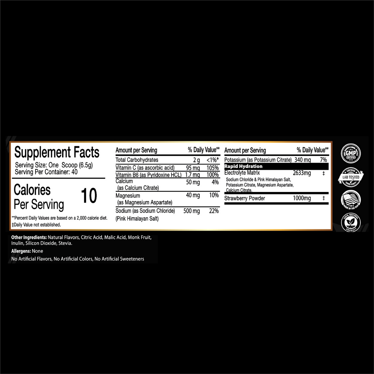 Supplement facts label for Vantage Labs strawberry electrolyte powder.