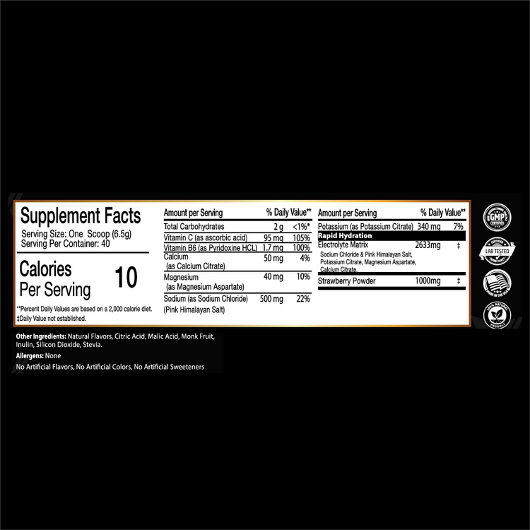 Supplement facts label for Vantage Labs strawberry electrolyte powder.